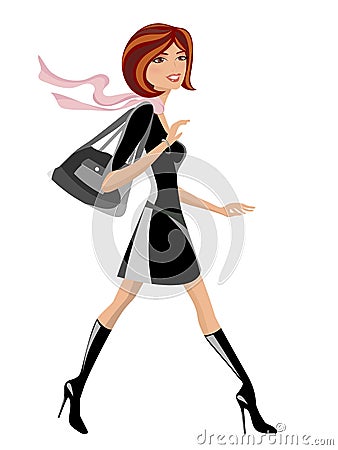 Fashionable Girl with Handbag Walking Vector Illustration
