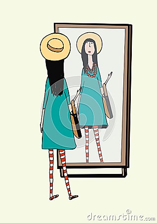 Fashionable girl looks in mirror. Woman with stylish, retro accessories hat, striped tights, handbag. Hand drawn vector Vector Illustration