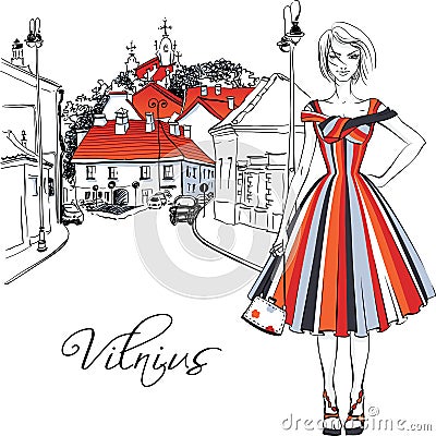 Fashionable girl in Old Town of Vilnius, Lithuania Vector Illustration