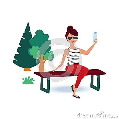 Fashionable girl sitting on scam, making selfies for social networks. Vector Illustration