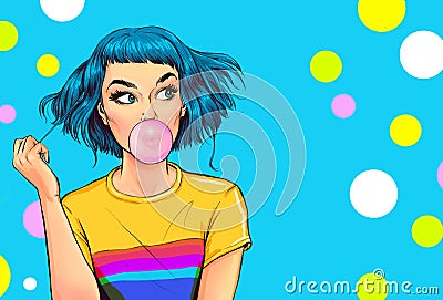 Fashionable girl with a stylish haircut inflates a chewing gum has amazed expression. Pop Art woman Stock Photo