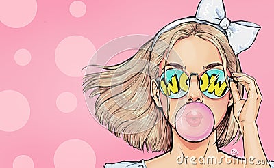 Fashionable girl with a stylish haircut inflates a chewing gum has amazed expression. Pop Art wow woman in glasses Stock Photo