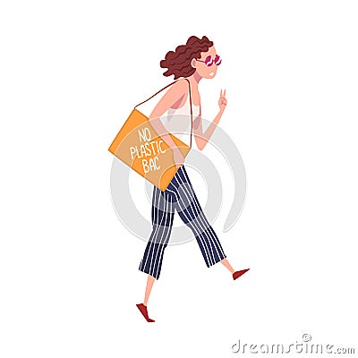 Fashionable Girl Walking with Paper Shopping Bag with No Plastic Bag Inscription, Female Eco Friendly Character, Zero Vector Illustration