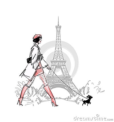 A fashionable girl walks in Paris with a small dog. Trendy watercolor sketch style. A woman in a coat and high-heeled Cartoon Illustration