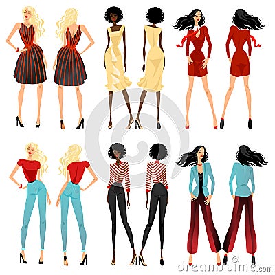 Fashionable girls in beautiful clothes Vector Illustration