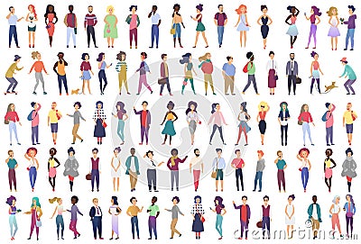 Fashionable group of male and female cartoon characters dressed in trendy clothing in different poses. Crowd of tiny Vector Illustration