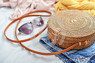 Fashionable handmade natural organic rattan bag Stock Photo