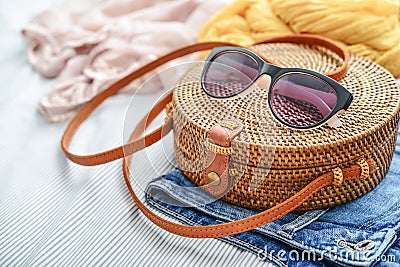 Fashionable handmade natural organic rattan bag Stock Photo