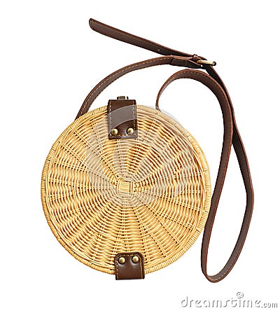 Fashionable handmade natural organic rattan bag. Trandy bamboo eco bag from bali isolited on white background Stock Photo