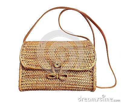 Fashionable handmade natural organic rattan bag. Trandy bamboo eco bag from bali isolited on white background Stock Photo