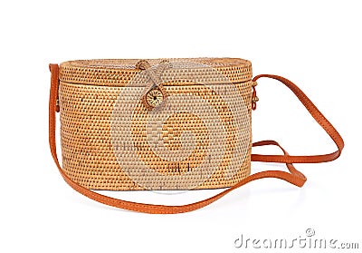 Fashionable handmade natural organic rattan bag. Trandy bamboo eco bag from bali isolited on white background Stock Photo