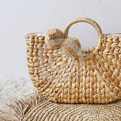 Fashionable handmade natural organic rattan bag. Trandy bamboo eco bag from bali isolited on white background Stock Photo