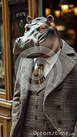 Fashionable hippopotamus graces city streets in tailored elegance, epitomizing street style Stock Photo