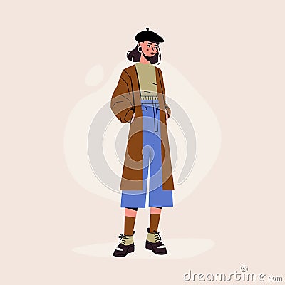 Fashionable hipster girl. Trendy young woman wearing stylish clothes and accessories, vogue blogger influencer casual Vector Illustration