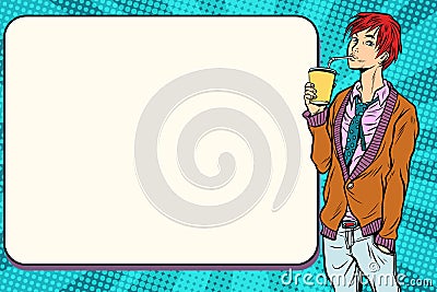 Fashionable hipster young man drinking a beverage, manga anime Vector Illustration