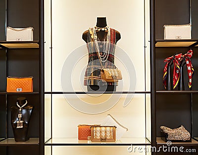 Fashionable interior of boutique in modern mall. Editorial Stock Photo