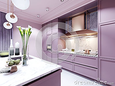Fashionable kitchen in a trend style lilac color furniture and modern design Stock Photo