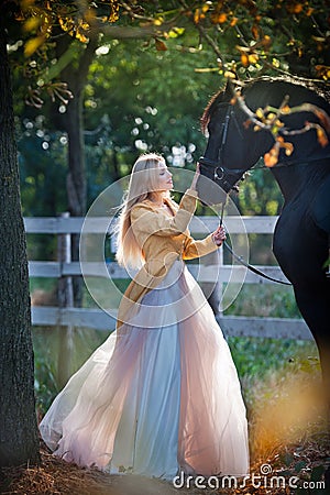 Fashionable lady with white bridal dress near black horse in forest. Stock Photo