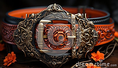 Fashionable leather belt with an ornate metal buckle, a timeless accessory generated by AI Stock Photo