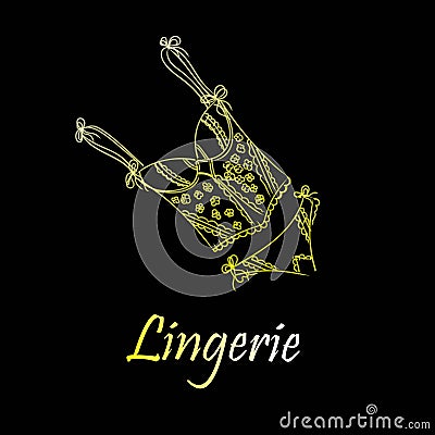 Fashionable lingerie collection for women, sketch illustration. Logo of women`s lace underwear, panties, bras, corsets, Cartoon Illustration