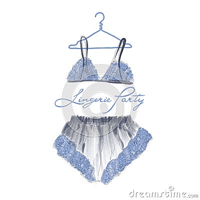 Fashionable lingerie. Lace panty and bra on white background. Beautiful silk, lace female underwear. Cartoon Illustration