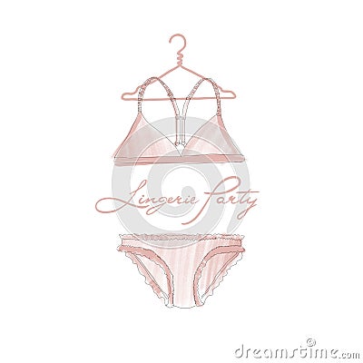 Fashionable lingerie. Lace panty and bra on white background. Beautiful silk, lace female underwear. Cartoon Illustration