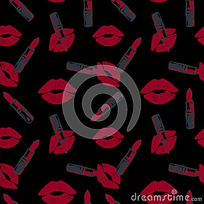 Lipstick and kiss pattern on black background Vector Illustration