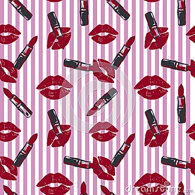 Lipstick and kiss pattern on striped background Vector Illustration