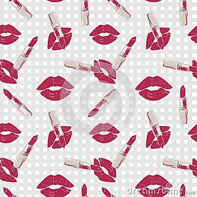 Lipstick and kiss pattern on white background Vector Illustration
