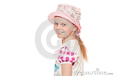 Fashionable little cute girl in shirt and hat, isolated on white background Stock Photo