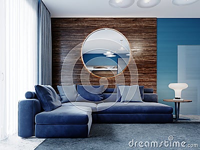 Fashionable living room with a corner sofa and a small table with a lamp in blue, a wooden panel on the wall with a round mirror Stock Photo