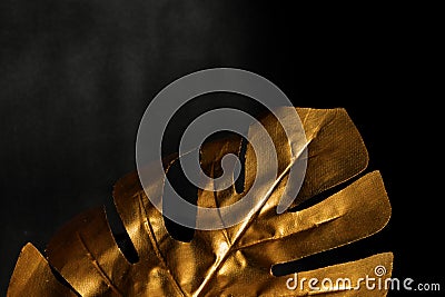 Fashionable luxuary black background eith gold monstera leaf. Copy space for text Stock Photo