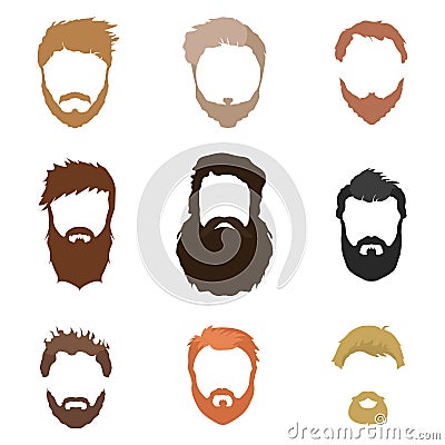 Fashionable men's hairstyle, beard, face, hair, cut-out masks, a collection of flat icons. Vector Illustration