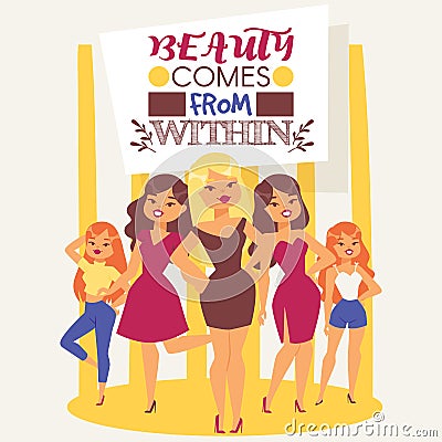 Fashionable models. Young girls illustration. Attractive women in dresses, jeans and T-shirts. Beauty comes from within Cartoon Illustration