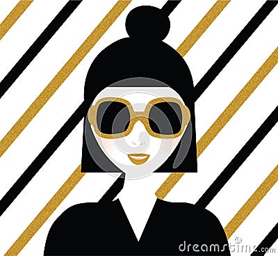 Fashionable modern girl in sunglasses. Portrait with gold glittering striped background. Fashion illustration Vector Illustration