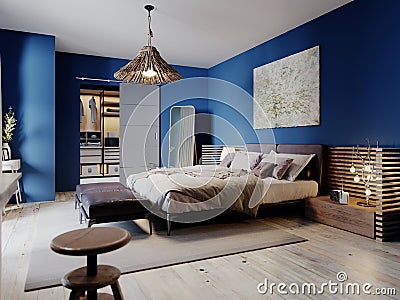 Fashionable modern loft style bedroom with blue walls and rustic furniture Stock Photo