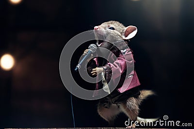 Fashionable mouse in suit sings into a microphone on stage Stock Photo