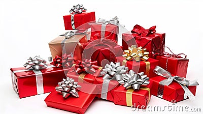 Fashionable pile of red and silver gift , AI Generative Stock Photo