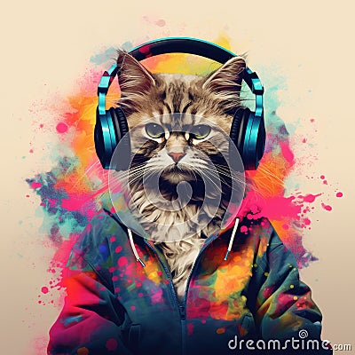 Fashionable portrait of anthropomorphic cute cat dj illustration, granular texture Cartoon Illustration