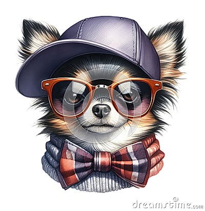 Fashionable portrait of a Chihuahua dog wearing glasses and hat, baseball cap Cartoon Illustration