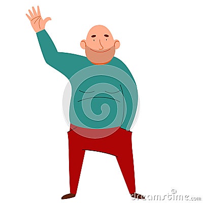 A fashionable pot-bellied man in casual clothes greets. Friendly greeting of a bald guy Cartoon Illustration