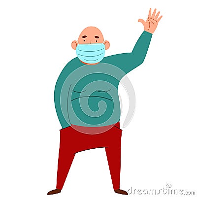 A fashionable pot-bellied man in a medical mask greets. Friendly greeting of a bald guy Cartoon Illustration