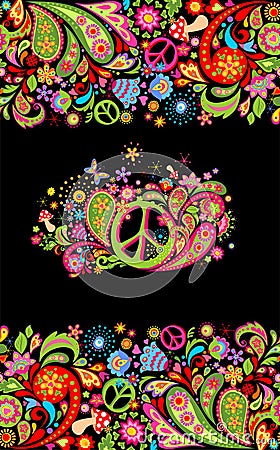 Fashionable print with colorful floral seamless border and hippie peace flowers symbol for shirt design and hippy party poster on Vector Illustration