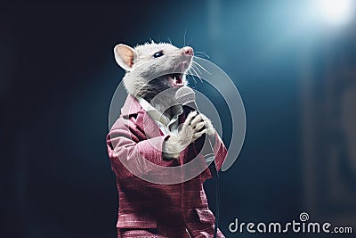 Fashionable rat in suit sings into a microphone on stage Stock Photo