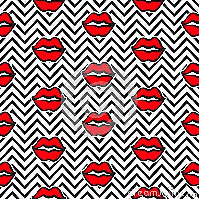 Fashionable red lips and kisses seamless pattern on zig zag background Vector Illustration