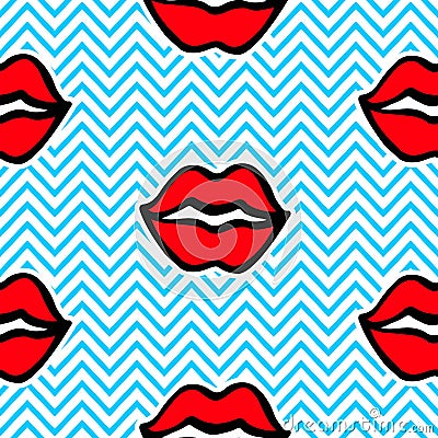 Fashionable red lips and kisses seamless pattern on zig zag background Vector Illustration