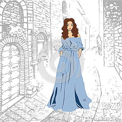 Fashionable romantic girl in blue maxi dress walking down the street Vector Illustration