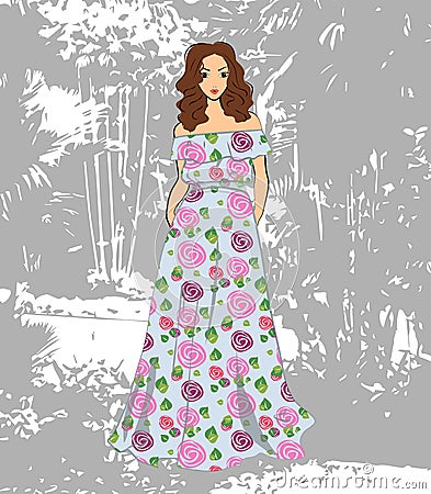 Fashionable romantic girl in floral maxi dress Vector Illustration