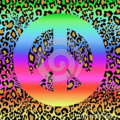 Fashionable seamless background with leopard print with rainbow and hippie peace colorful symbol. Fashion design for textile, wall Vector Illustration