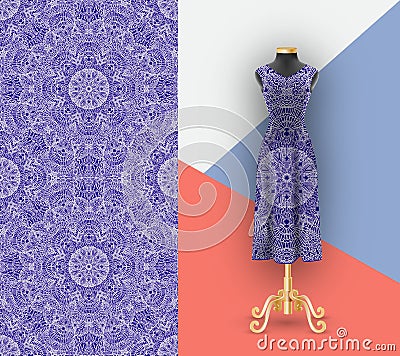 Fashionable seamless pattern for printing on textiles and paper. Mock up female dress with an ornament. Mannequin for demonstratio Vector Illustration